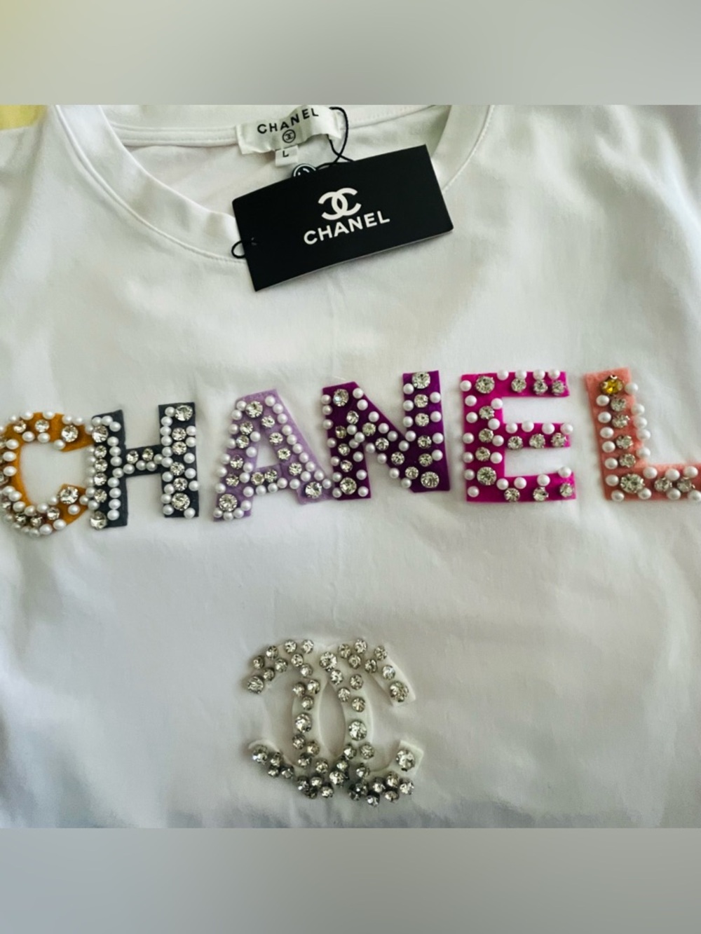 New authentic ADULT White Tee with Multicolor Crystal ICONIC